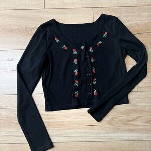 Black Embroidered Floral Button-Up Crop Cardigan